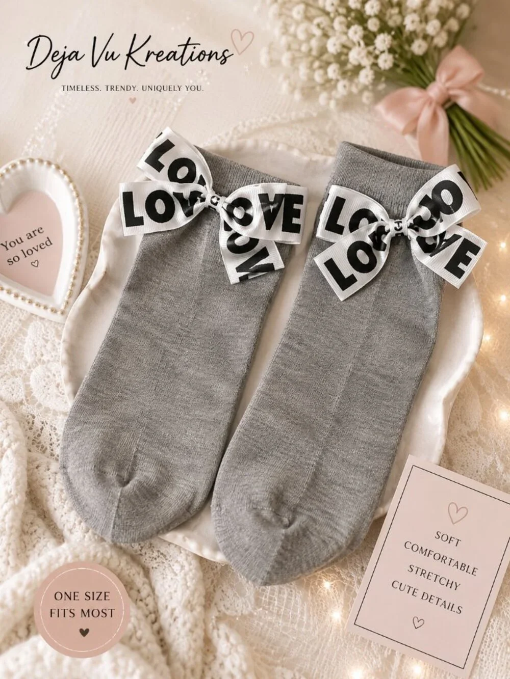 Women's Gray LOVE Bow Ankle Socks Coquette Ribbon Cotton Blend One Size
